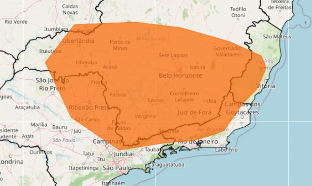 o mapa mostra as &aacute;reas em alerta para chuva intensa e ventos fortes